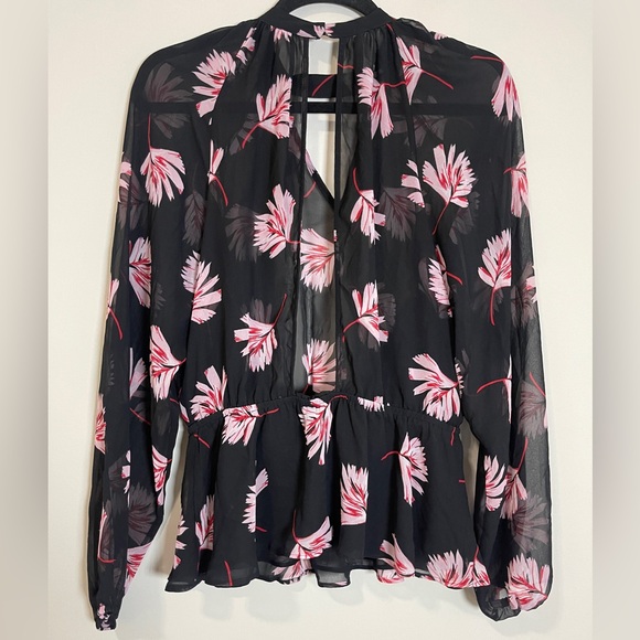Express Womens Blouse Size S/P Black Floral Sheer Keyhole Open Back Shirt - Picture 7 of 13